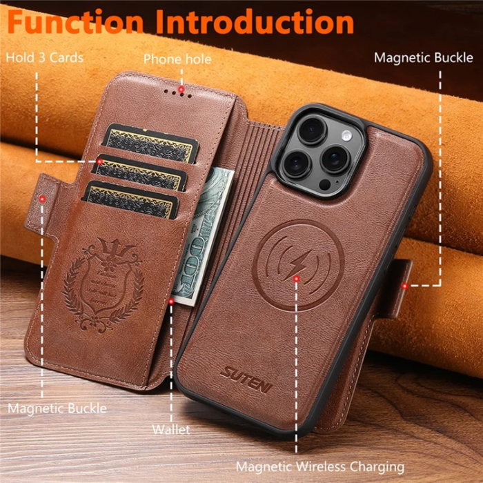 SUTENI - SUTENI iPhone 16 Pro Max Plånboksfodral Magsafe Cowhide - Brun