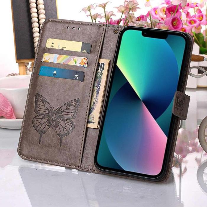 OEM - iPhone 14 Pro Plånboksfodral Butterfly Flower Imprinted - Grå