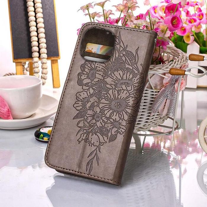 OEM - iPhone 14 Pro Plånboksfodral Butterfly Flower Imprinted - Grå