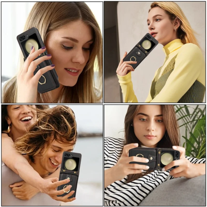 A-One Brand - Galaxy Z Flip7 Plånboksfodral Ring Kickstand med Lång rem - Svart