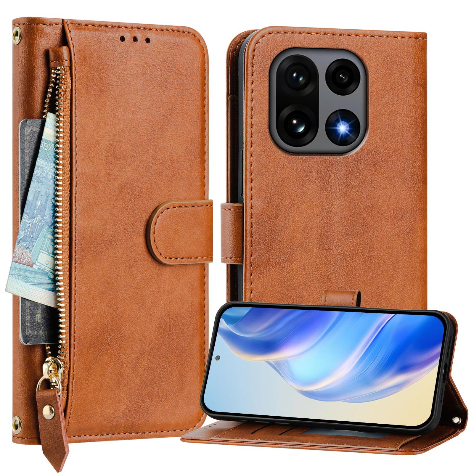 OnePlus 15 Plånboksfodral Zipper Pocket Multiple Konstläder (Brun) | 2353 | AlltMobil