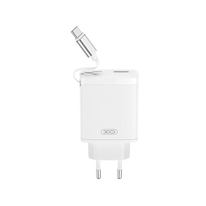 XO - XO Snabbladdare 30W 1xUSB-C 1xUSB-A med Infällbar USB-C kabel - Vit