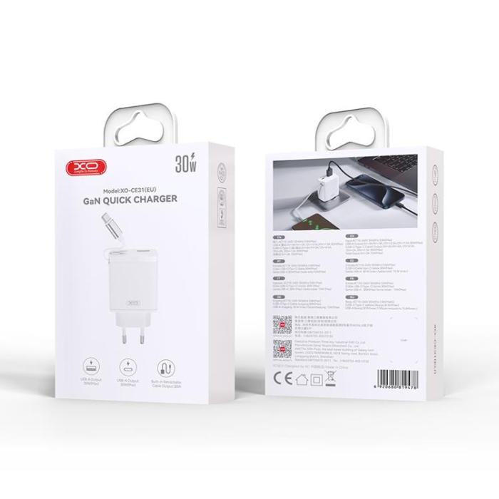 XO - XO Snabbladdare 30W 1xUSB-C 1xUSB-A med Infällbar USB-C kabel - Vit