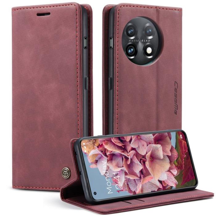 Caseme - CASEME 013 Mobilskal till OnePlus 11 5G Magnetisk Flip KonstLäder Vinröd