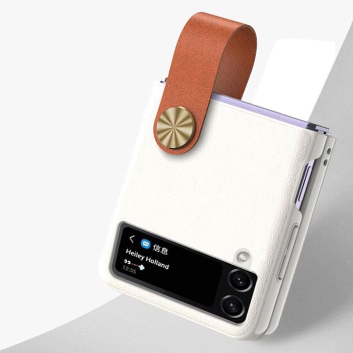 GKK - GKK Strap Kickstand Fodral för Samsung Galaxy Z Flip4 KonstLäder - Vit/Brown