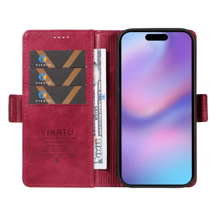 YIKATU - YIKATU iPhone 17 Konstläder Plånboksfodral Litchi Texture - Vinröd