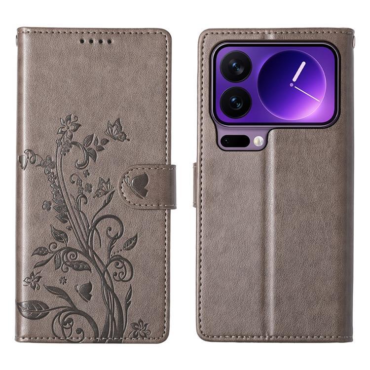 Xiaomi 17 Pro Konstläder Plånboksfodral Floral Imprint Med Handledsrem - Grå | 2353 | AlltMobil