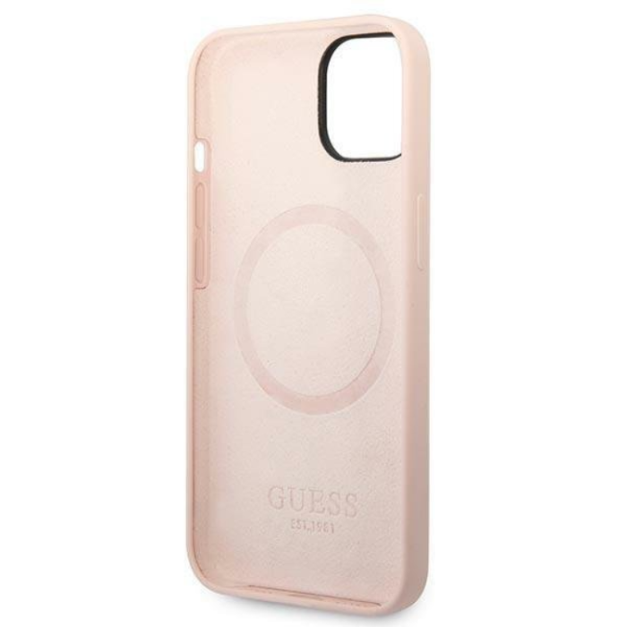 Guess - GUESS iPhone 14 Plus Skal MagSafe Silicone Logo Plate - Rosa