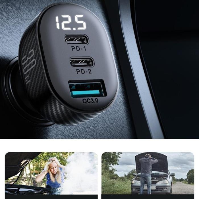 Joyroom - Joyroom Billaddare 30W 2x USB-C USB-A med Display - Svart