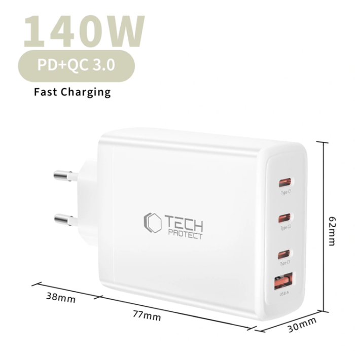 Tech-Protect - Tech-Protect 4-Port Snabbladdare 140W QC3.0 NC140W-GAN