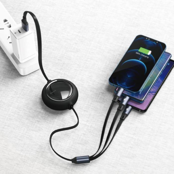 UTGATT1 - Baseus Bright Mirror Flat Retractable 3in1 Kabel USB 1.2m - Svart