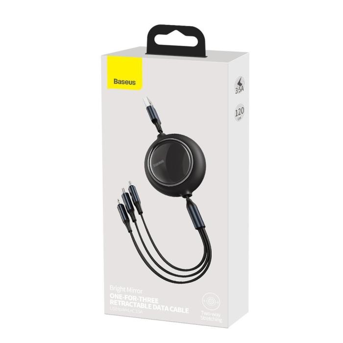 UTGATT1 - Baseus Bright Mirror Flat Retractable 3in1 Kabel USB 1.2m - Svart