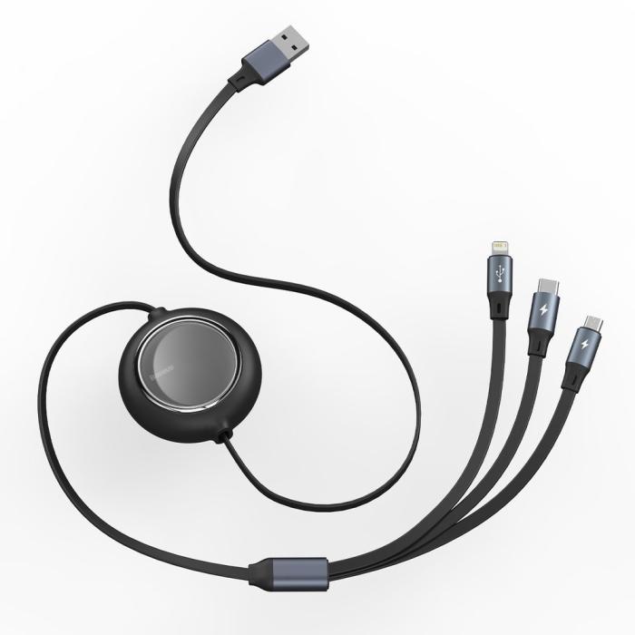 UTGATT1 - Baseus Bright Mirror Flat Retractable 3in1 Kabel USB 1.2m - Svart