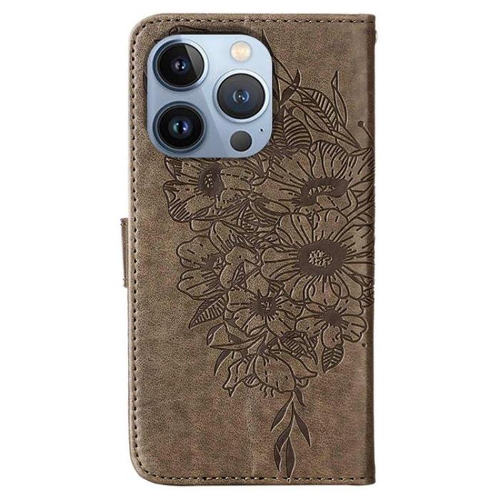 OEM - iPhone 14 Pro Plånboksfodral Butterfly Flower Imprinted - Grå