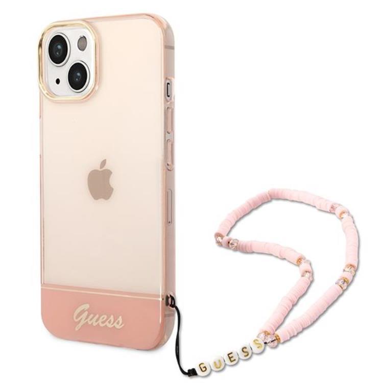 GUESS iPhone 14 Plus Skal Translucent Pearl Strap - Rosa | 2353 | AlltMobil