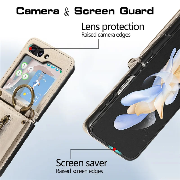 A-One Brand - Galaxy Z Flip7 Plånboksfodral Zipper Kickstand med Axelrem - Beige