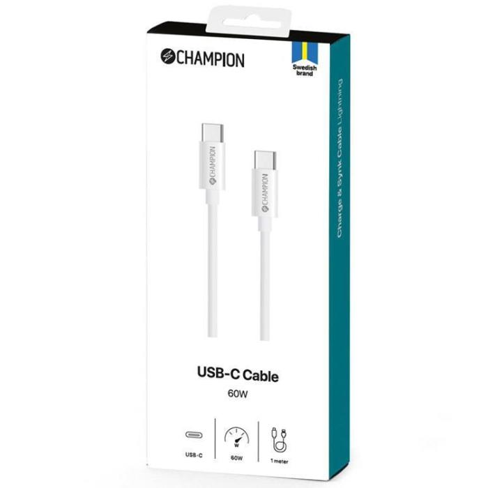 Champion - CHAMPION USB-C till USB-C kabel 60W 2m - Vit