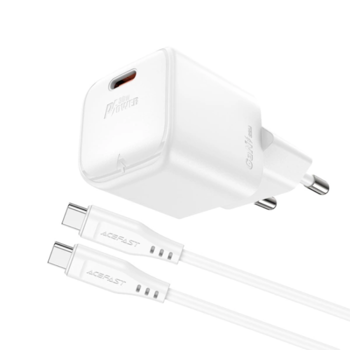Acefast - Acefast Väggladdare USB-C 30W GaN A77 Mini Med Kabel - Vit