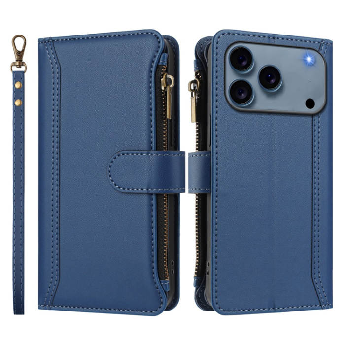 A-One Brand - iPhone 17 Pro Plånboksfodral Zipper Med Rem - Blå