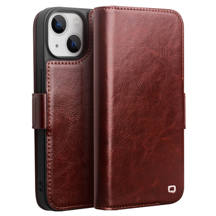 QIALINO - QIALINO iPhone 13 Plånboksfodral Äkta läder Flip - Brun