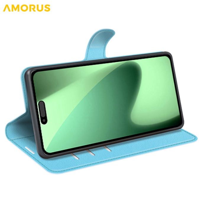 Amorus - AMORUS iPhone 17 Pro Konstläder Plånboksfodral Flipstativ Litchi - Blå