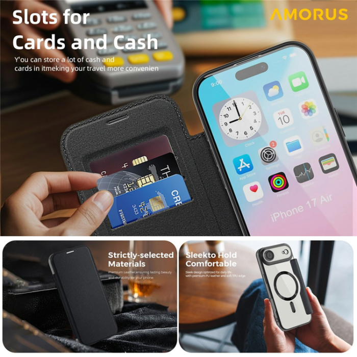 Amorus - AMORUS iPhone Air Plånboksfodral MagSafe RFID - Svart