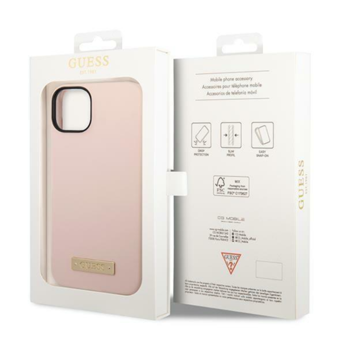 Guess - GUESS iPhone 14 Plus Skal MagSafe Silicone Logo Plate - Rosa