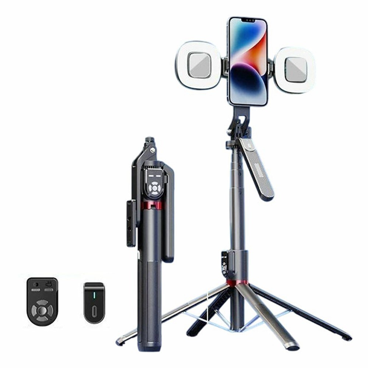 Dubbel Fjärrkontroll Selfiestick Gimbal med 2 fyrkantiga fyllnadslampor P325 | 5566 | AlltMobil
