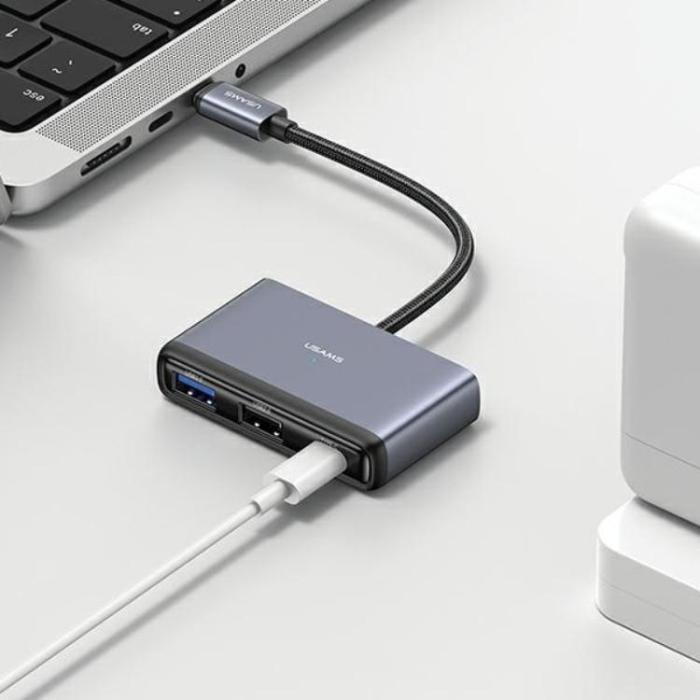 USAMS - USAMS 4in1 Adapter Hubb USB-C, 2xUSB 2.0, USB 3.0 - Grå