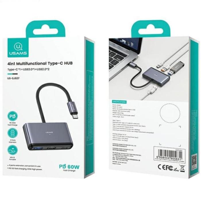 USAMS - USAMS 4in1 Adapter Hubb USB-C, 2xUSB 2.0, USB 3.0 - Grå