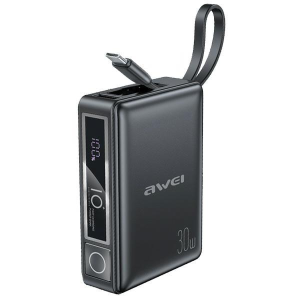 Awei Powerbank 10000mAh 30W Med Inbyggd Kabel - Svart | 505295 | AlltMobil