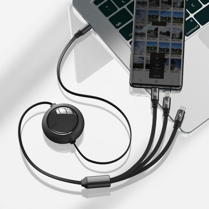 UTGATT5 - Baseus Retractable Kabel 3in1 Lightning - micro USB - USB-C 100W 1,2m - Svart