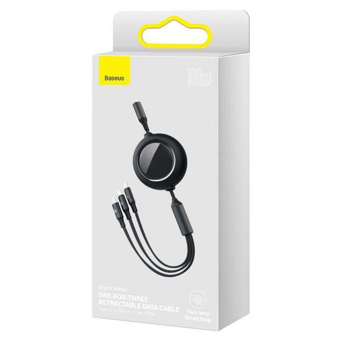 UTGATT5 - Baseus Retractable Kabel 3in1 Lightning - micro USB - USB-C 100W 1,2m - Svart
