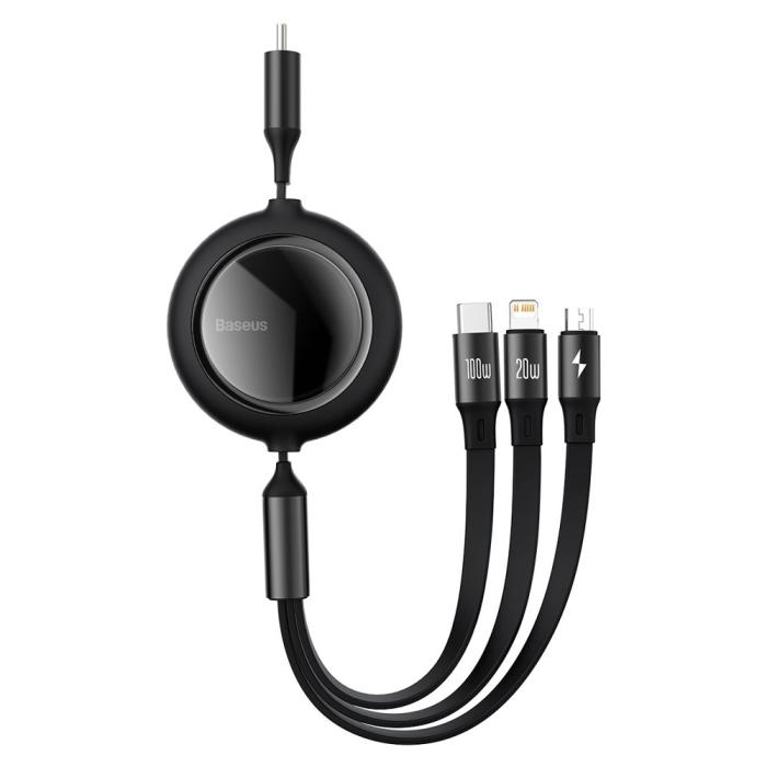 UTGATT5 - Baseus Retractable Kabel 3in1 Lightning - micro USB - USB-C 100W 1,2m - Svart