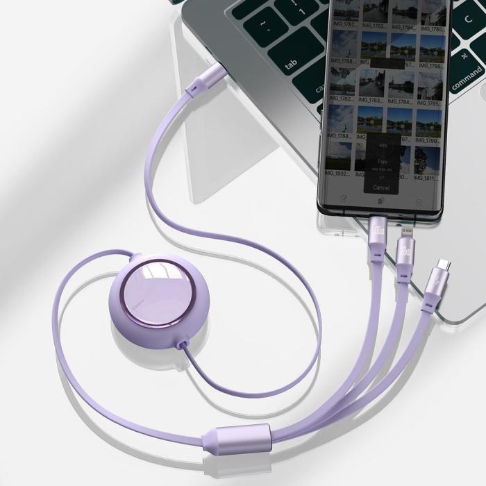 UTGATT5 - Baseus Retractable Kabel 3in1 Lightning - micro USB - USB-C 100W 1,2m - Violett