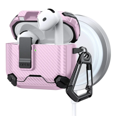 A-One Brand - AirPods 4 Skal Magsafe Carbon Fiber med Karbinhake - Svart/Rosa