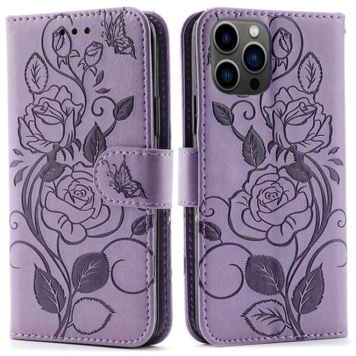 A-One Brand - iPhone 14 Pro Plånboksfodral Imprinted Roses - Lila