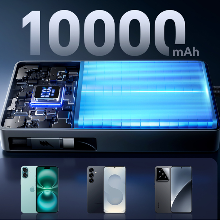Joyroom - Joyroom Powerbank 10000mAh 22.5W med USB-C Inbyggda Kabel JR-PR1 - Svart