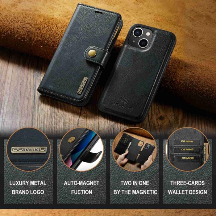 DG.MING - DG.MING iPhone 14 Plus Plånboksfodral Äkta läderMagnetisk Svart