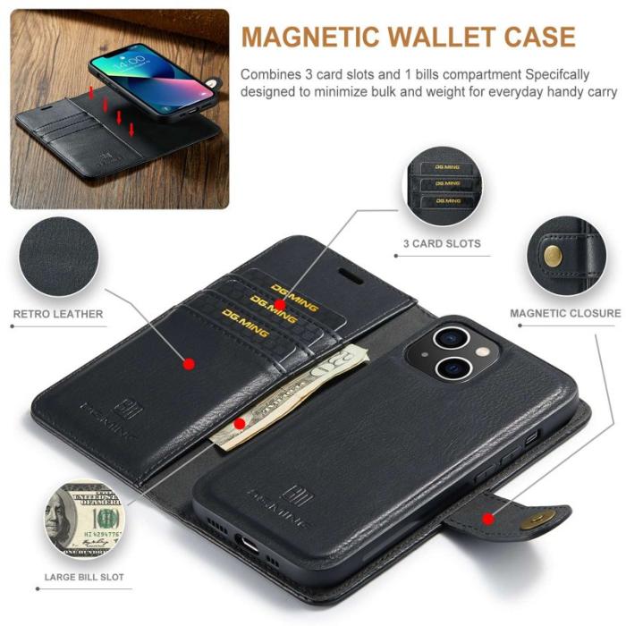 DG.MING - DG.MING iPhone 14 Plus Plånboksfodral Äkta läderMagnetisk Svart
