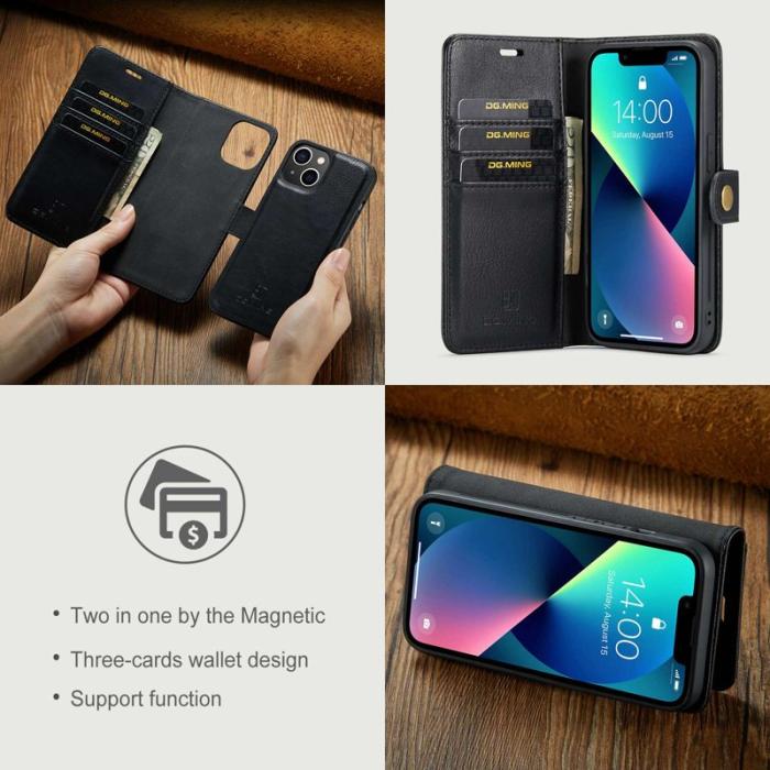 DG.MING - DG.MING iPhone 14 Plus Plånboksfodral Äkta läderMagnetisk Svart