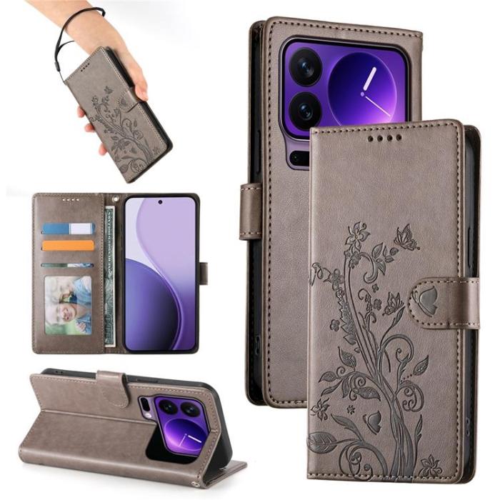 A-One Brand - Xiaomi 17 Pro Plånboksfodral Floral Imprint Med Handledsrem - Grå