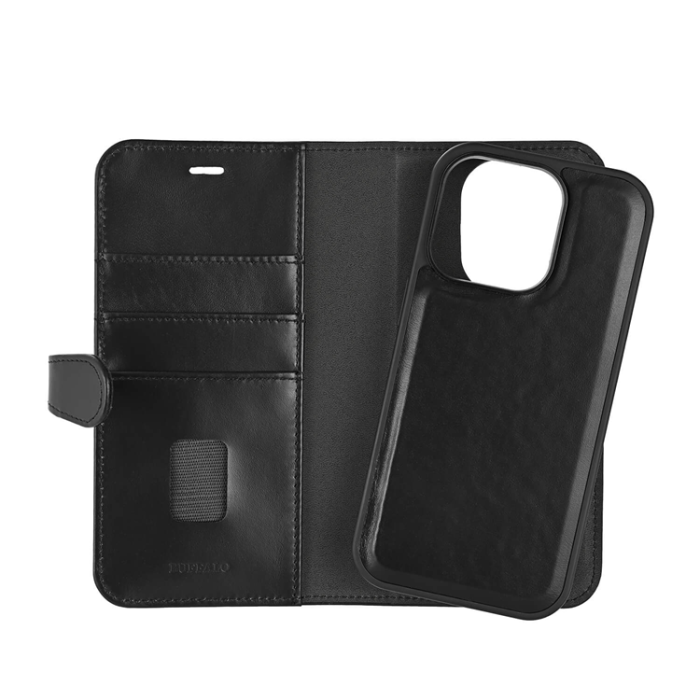 BUFFALO - BUFFALO äkta läder iPhone 16 Pro Plånboksfodral MagSafe 2-i-1 - Svart