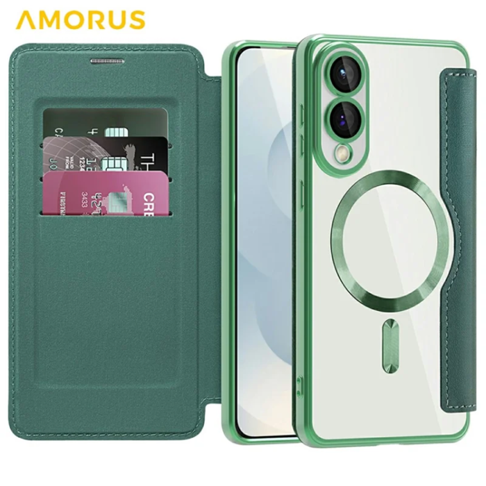 Amorus - Amorus Galaxy S25 Edge Plånboksfodral Magsafe RFID - Grön