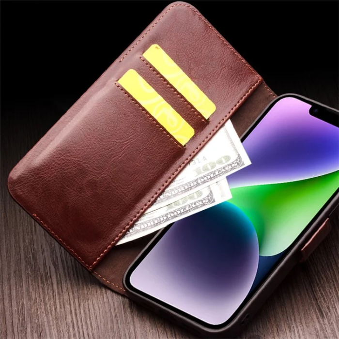 QIALINO - Qialino iPhone 14 Plånboksfodral Äkta Läder Magnetic Flip
