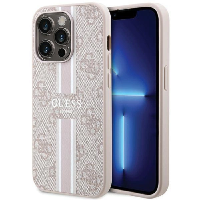 Guess - Guess iPhone 15 Pro Mobilskal Magsafe Printed Stripes - Rosa