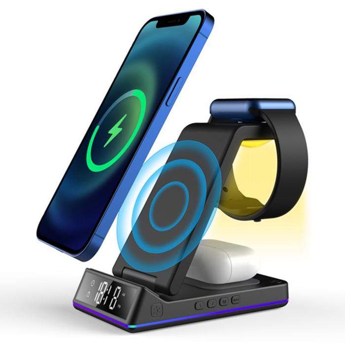 A-One Brand - 5-in-1 Trådlös laddare iPhone, Apple Watch, AirPods/Digital klocka Z6 15W