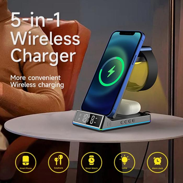 A-One Brand - 5-in-1 Trådlös laddare iPhone, Apple Watch, AirPods/Digital klocka Z6 15W