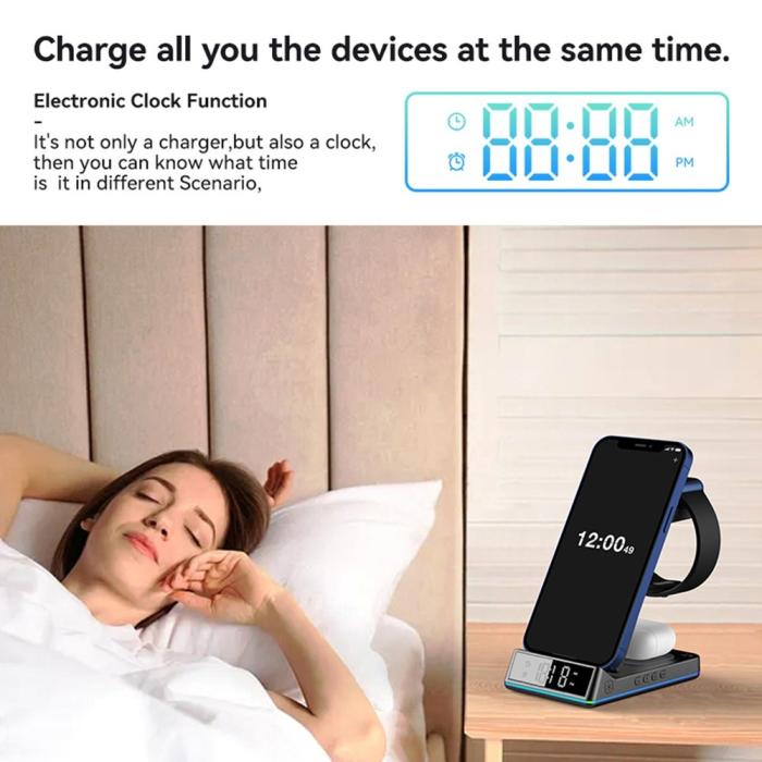 A-One Brand - 5-in-1 Trådlös laddare iPhone, Apple Watch, AirPods/Digital klocka Z6 15W