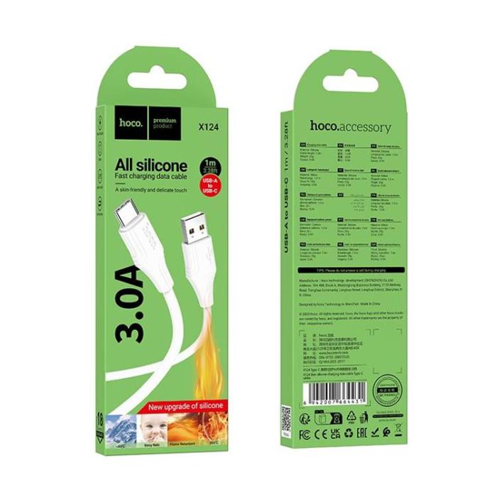 Hoco - HOCO USB-A till USB-C Kabel 3A 1m Silikon X124 - Vit